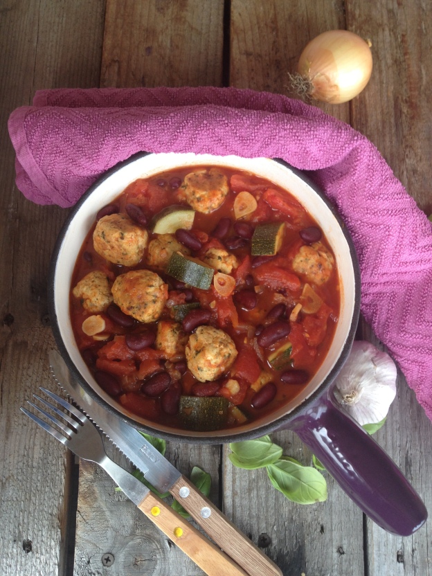 Rustic Chicken meatball stew with beans, tomato and courgette.